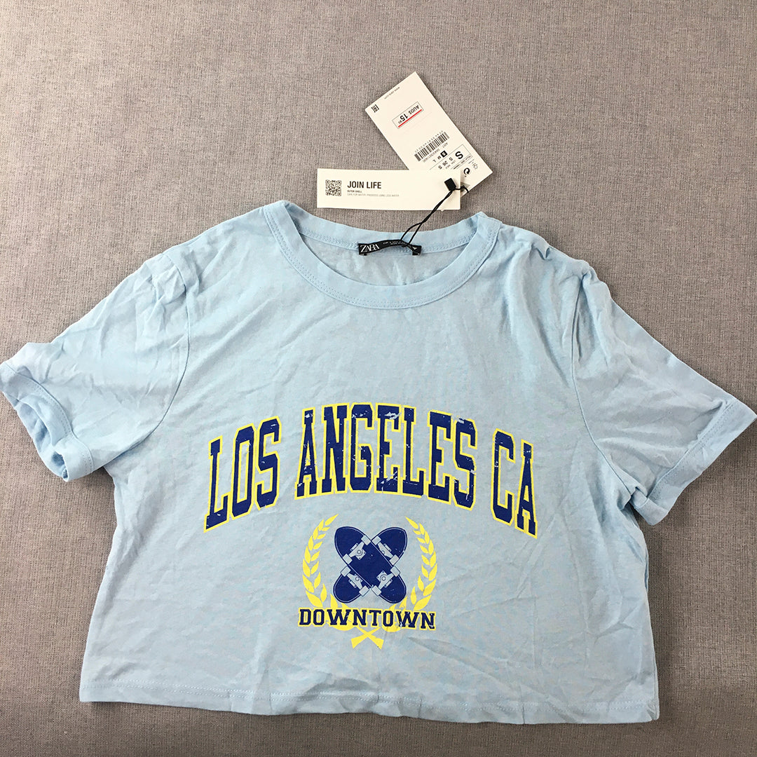 NEW Zara Womens Cropped Top Size S Blue Los Angeles California T-Shirt