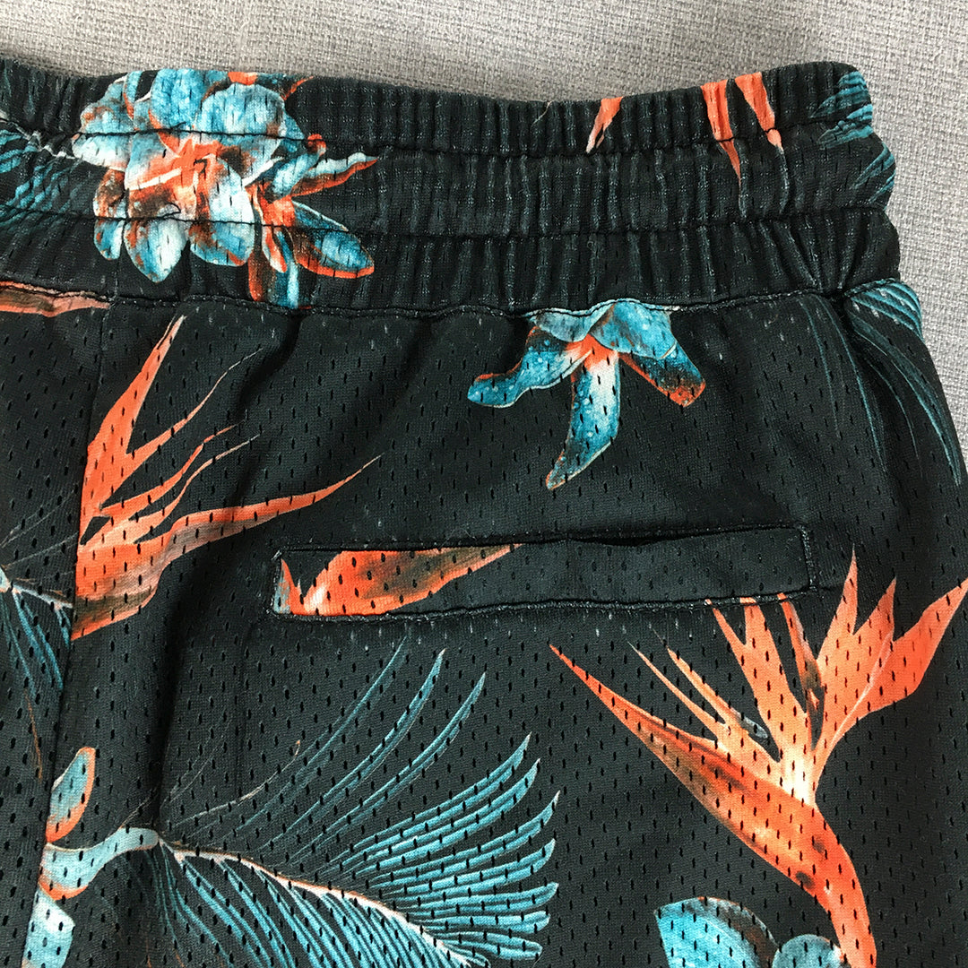 Lost Highway Mens Board Shorts Size XS Black Floral Hawaiian Pockets Surf Swim