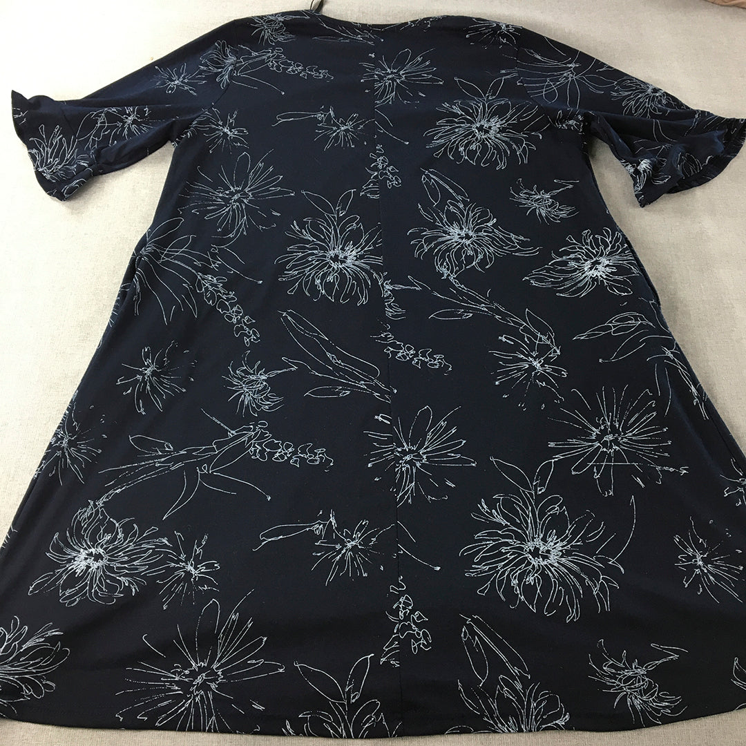 Hourglass Womens A-Line Dress Size L Navy Blue Floral Short Sleeve