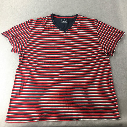 Canda Mens T-Shirt Size XL Red Navy Striped C&A Short Sleeve V-Neck Tee