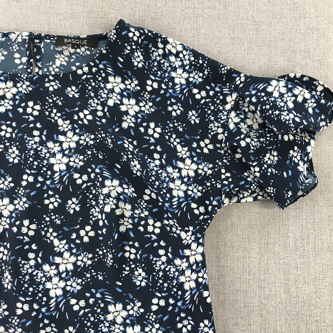 Basque Womens Top Size 6 Blue Floral Short Sleeve Blouse