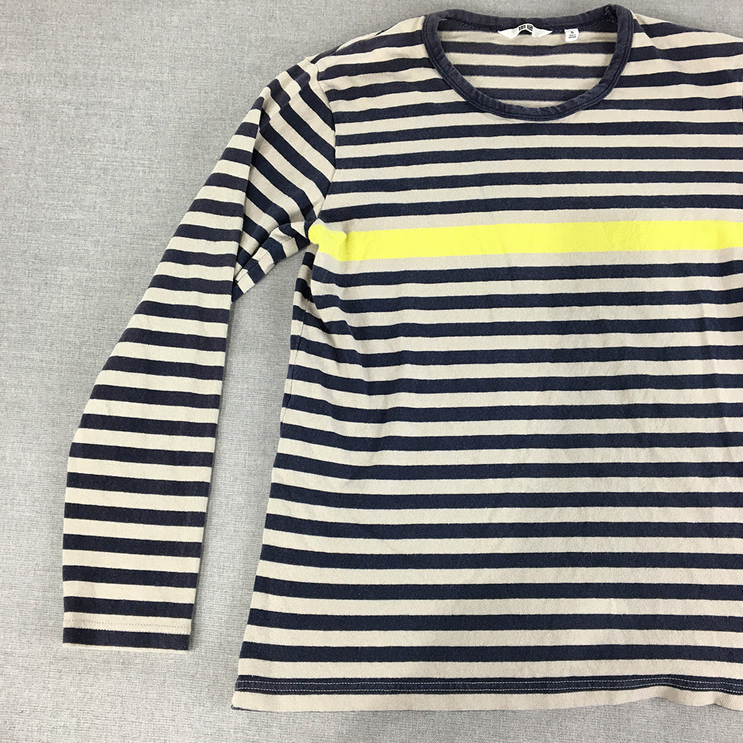 Uniqlo Womens Knit Top Size XL Blue Grey Yellow Striped Long Sleeve Pullover