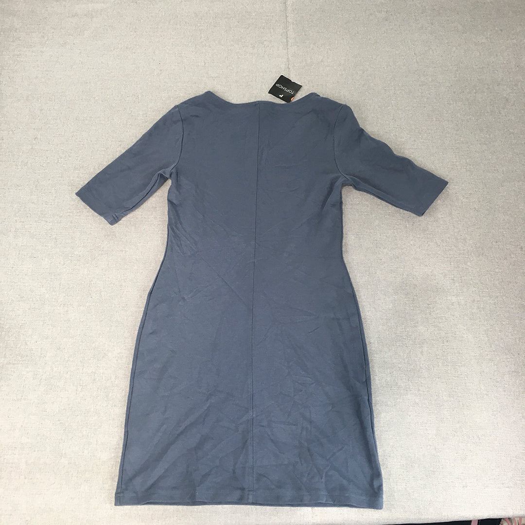 Topshop Womens Knit Mini Dress Size 12 Blue Stretch Fabric Short Sleeve A-Line