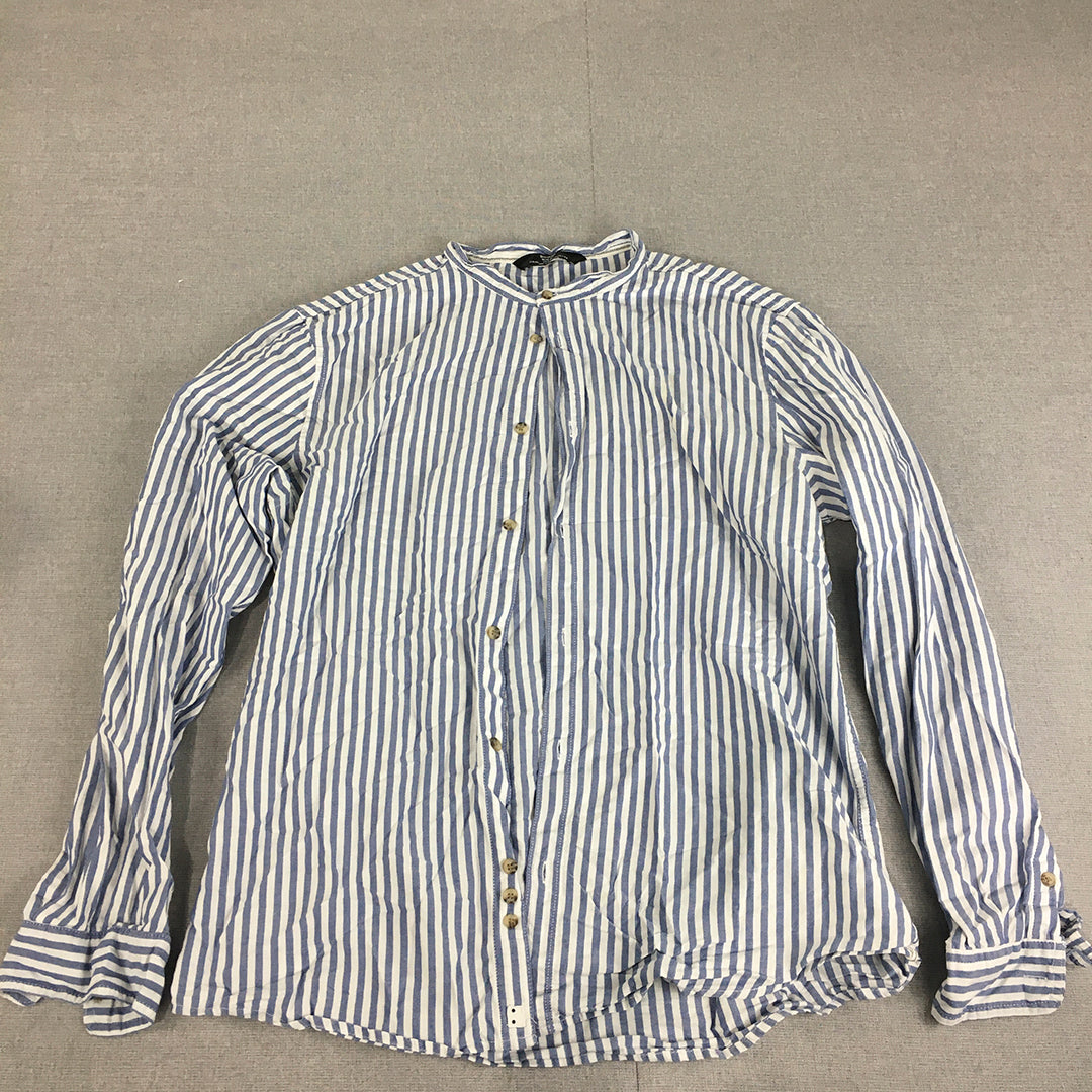 Bershka Mens Shirt Size XL Slim Fit Blue White Striped Collarless Button-Up