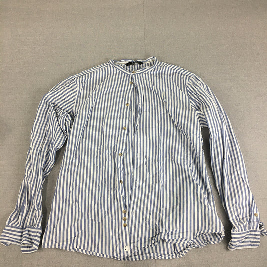 Bershka Mens Shirt Size XL Slim Fit Blue White Striped Collarless Button-Up