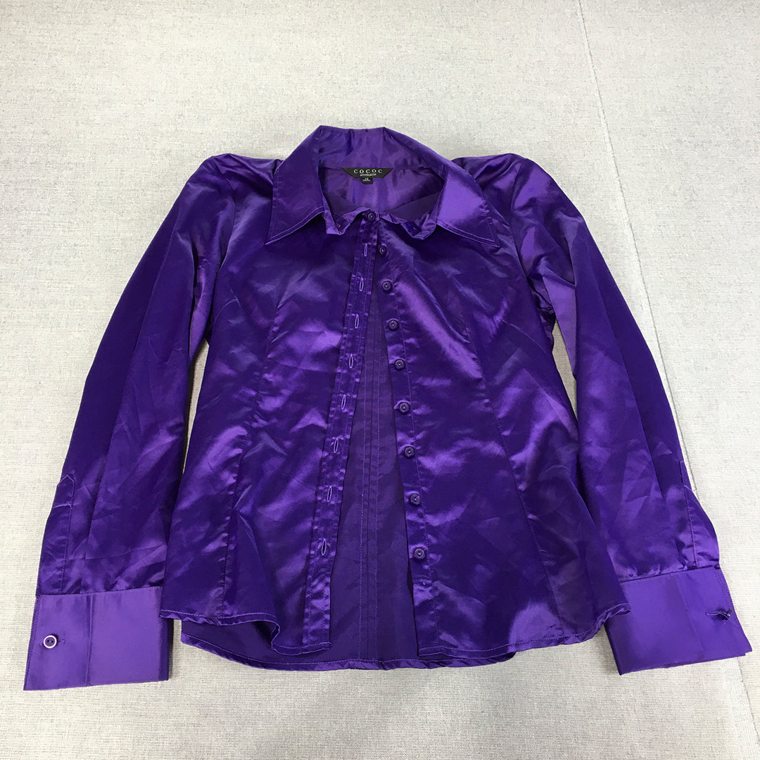 Cococ Womens Satin Top Size 12 Purple Long Sleeve Button-Up Blouse