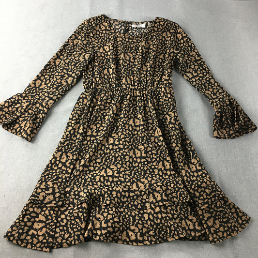 Miracle Womens Mini Dress Size 10 Brown Black Dot Long Sleeve Fit & Flare