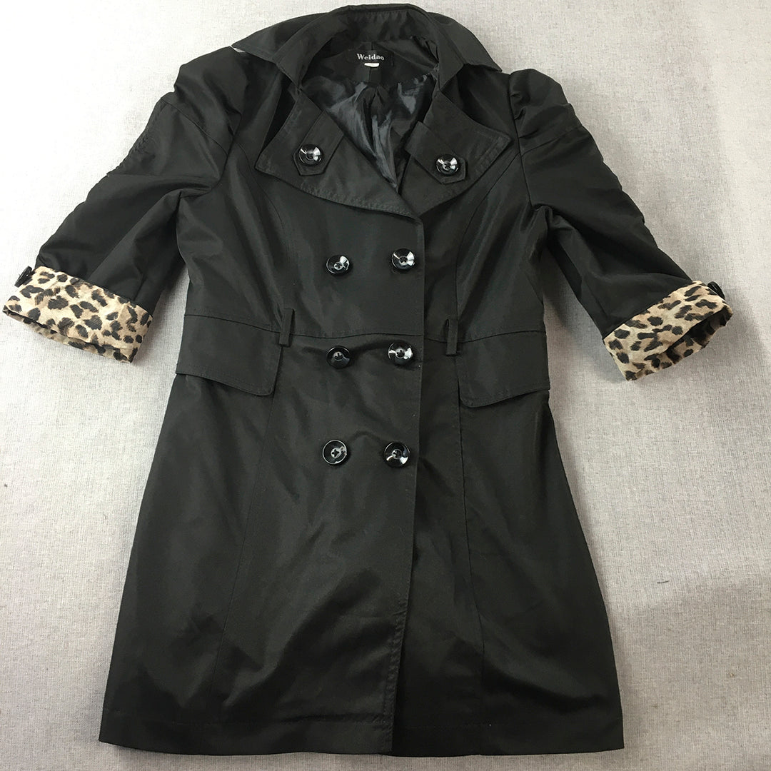 Weidao Womens Jacket Size L Black Double Breasted Collared Trench Coat