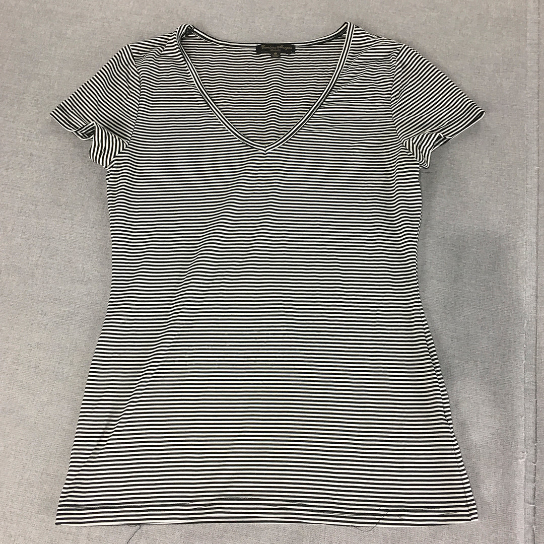 Caroline Morgan Womens T-Shirt Size 10 Black White Striped V-Neck Short Sleeve