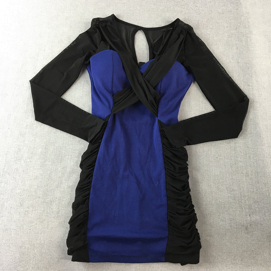 NEW Pure Hype Womens Bodycon Dress Size S Blue Black Ruched Mini Long Sleeve