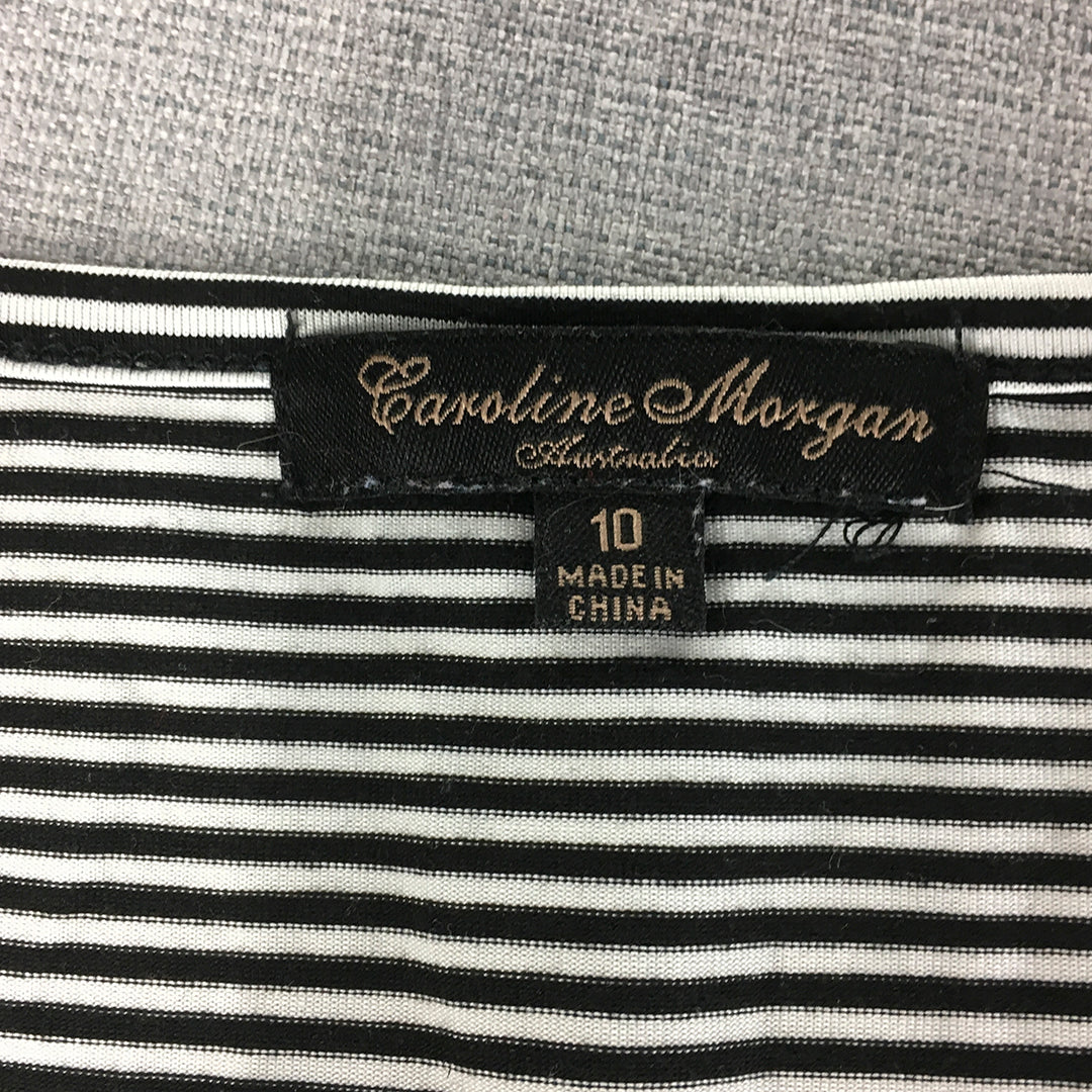 Caroline Morgan Womens T-Shirt Size 10 Black White Striped V-Neck Short Sleeve