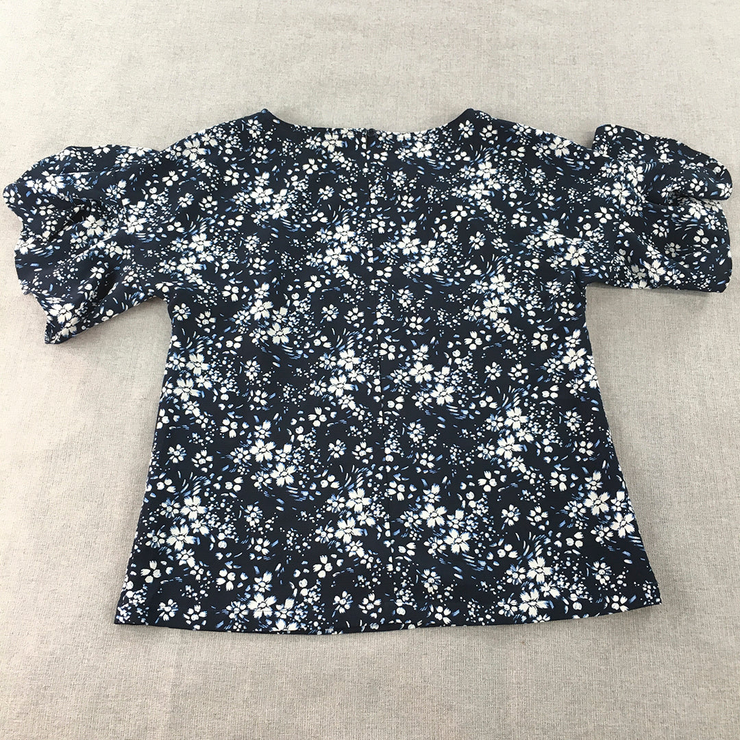 Basque Womens Top Size 6 Blue Floral Short Sleeve Blouse