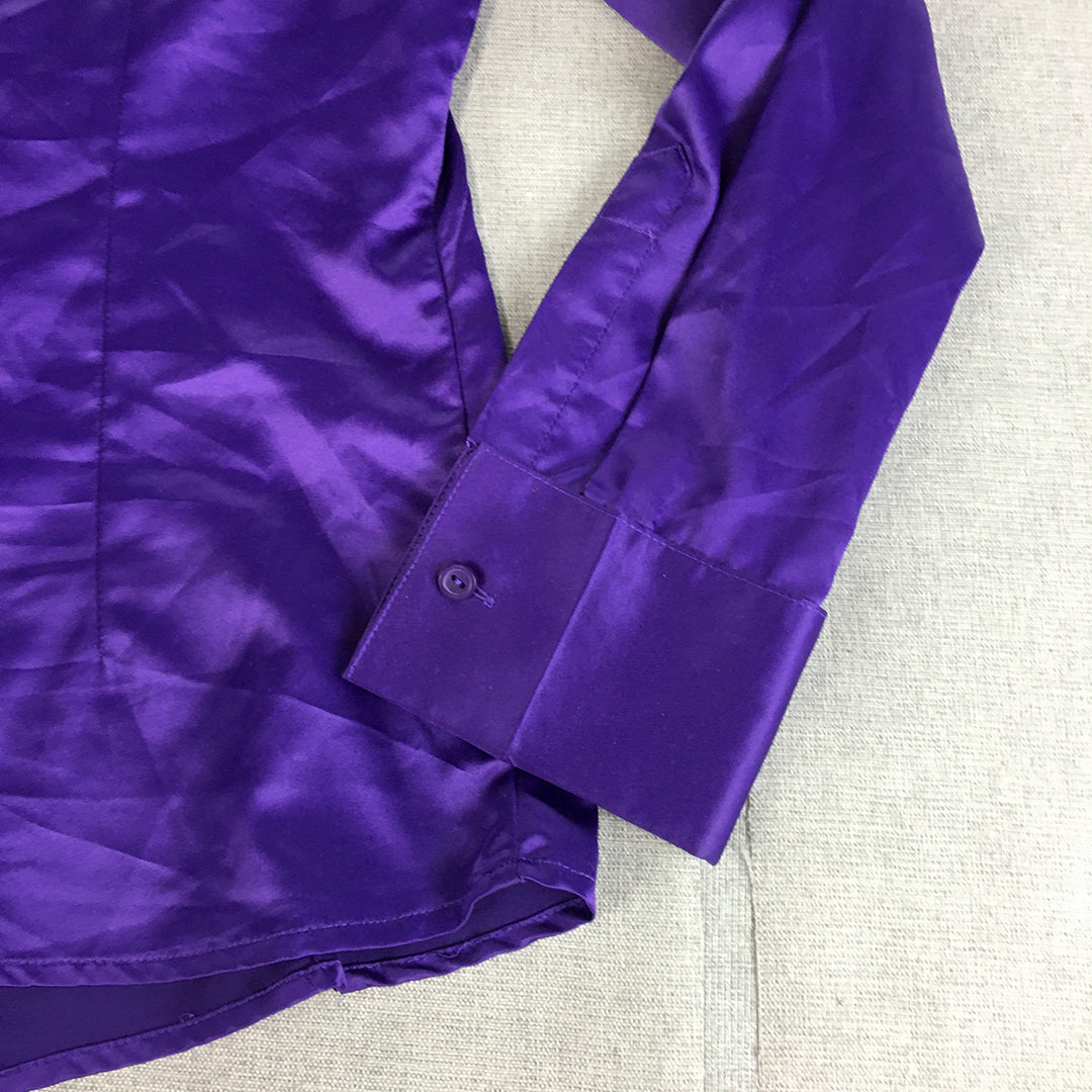 Cococ Womens Satin Top Size 12 Purple Long Sleeve Button-Up Blouse