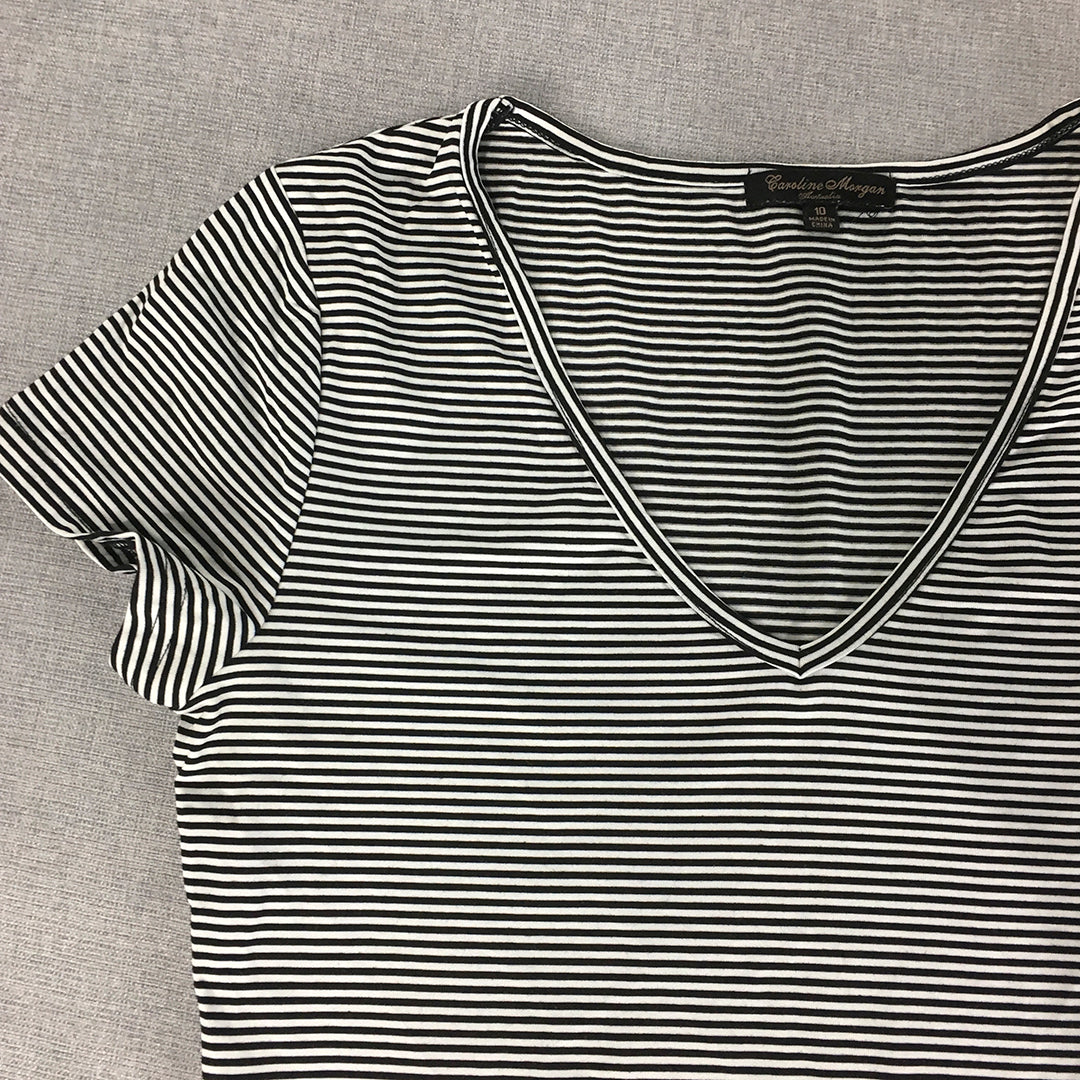 Caroline Morgan Womens T-Shirt Size 10 Black White Striped V-Neck Short Sleeve