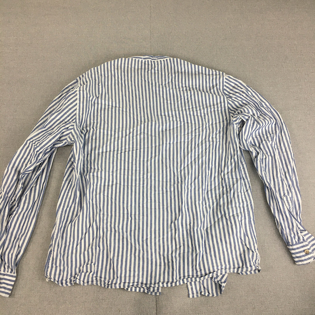 Bershka Mens Shirt Size XL Slim Fit Blue White Striped Collarless Button-Up