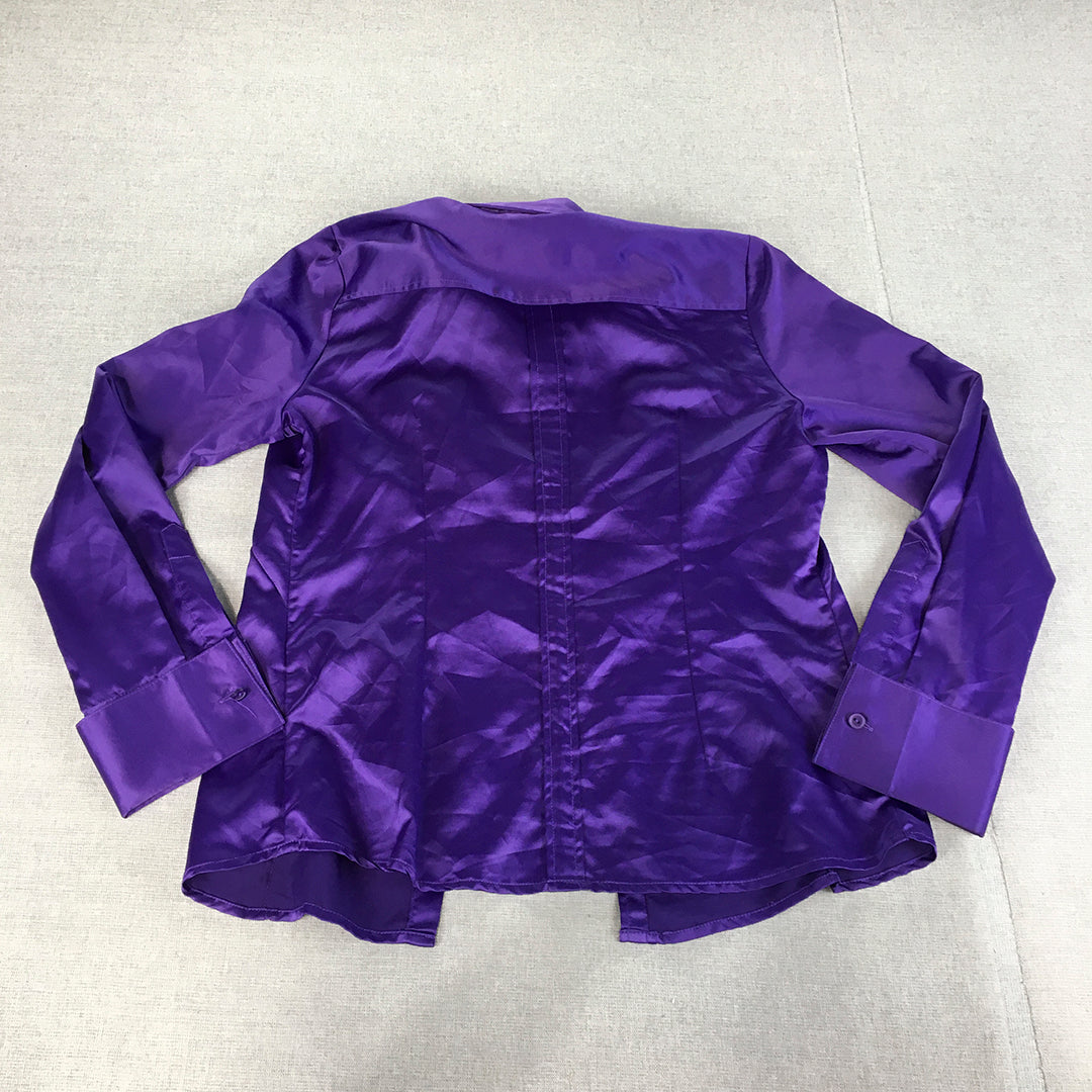 Cococ Womens Satin Top Size 12 Purple Long Sleeve Button-Up Blouse