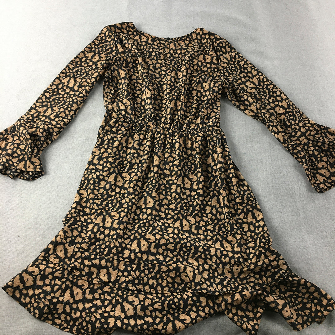 Miracle Womens Mini Dress Size 10 Brown Black Dot Long Sleeve Fit & Flare