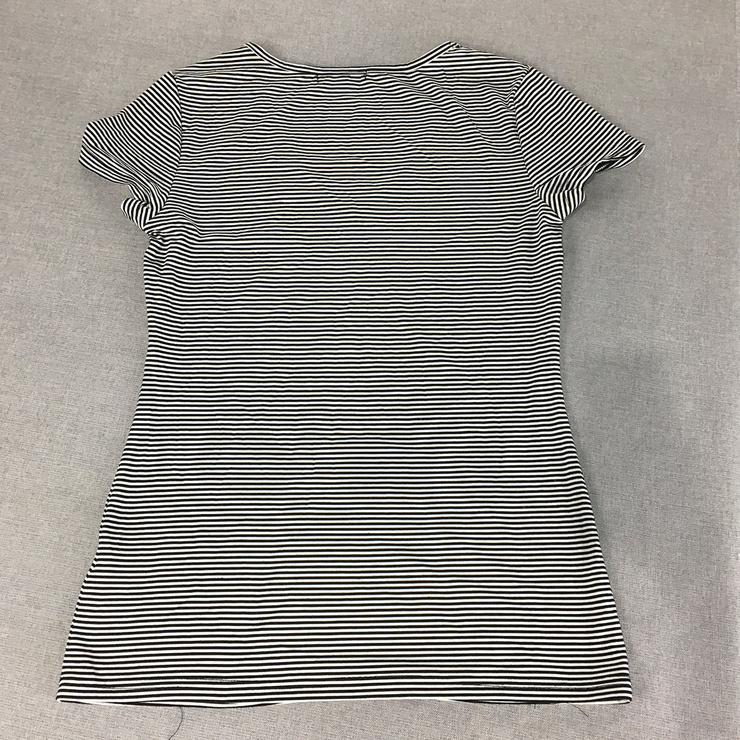 Caroline Morgan Womens T-Shirt Size 10 Black White Striped V-Neck Short Sleeve