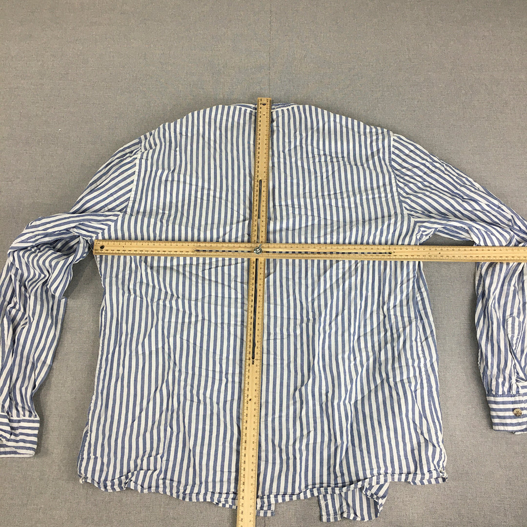 Bershka Mens Shirt Size XL Slim Fit Blue White Striped Collarless Button-Up