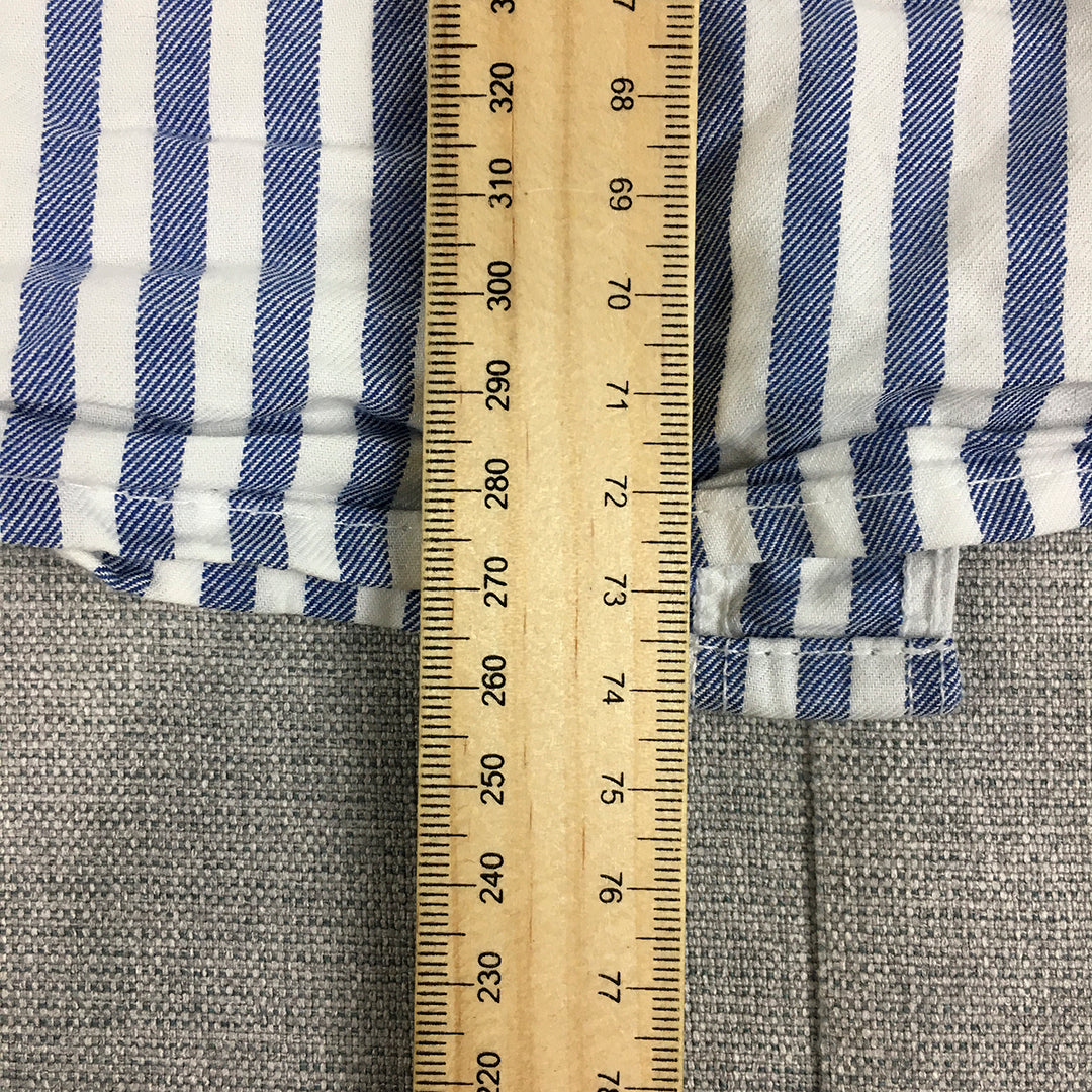 Bershka Mens Shirt Size XL Slim Fit Blue White Striped Collarless Button-Up