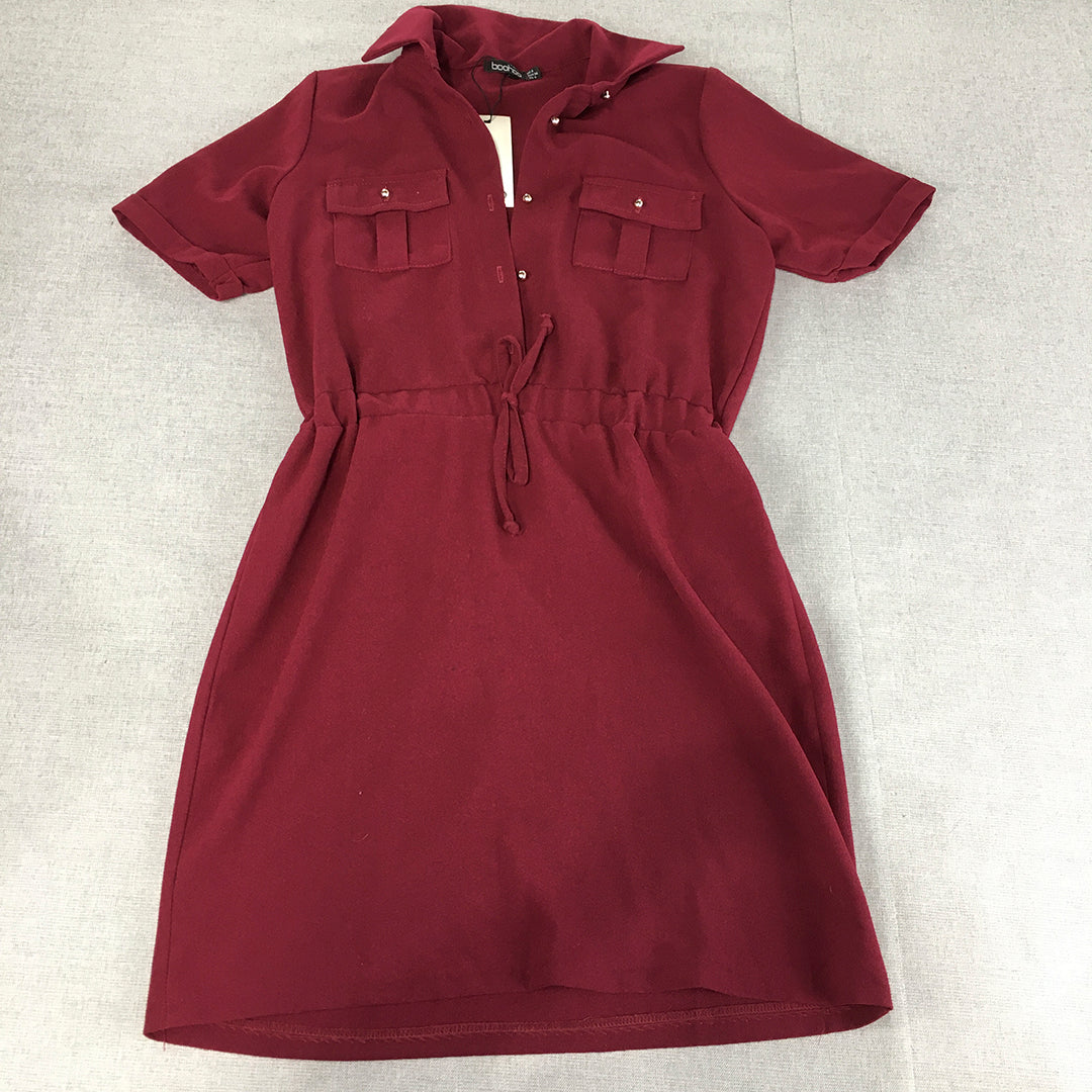 NEW Boohoo Womens Mini Dress Size 8 Red Drawstring Fit & Flare Short Sleeve