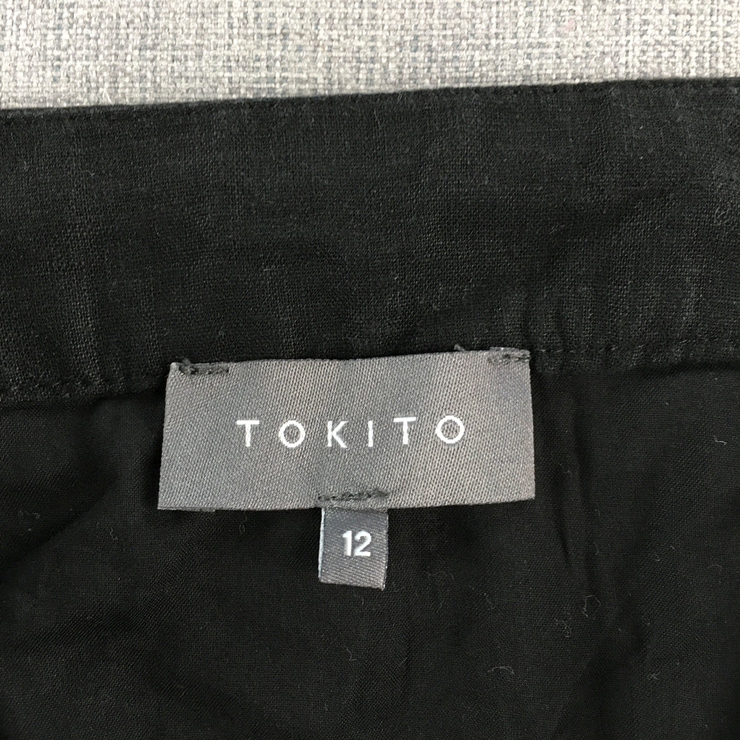 Tokito Womens Linen A-Line Skirt Size 12 Black Frilled Hem