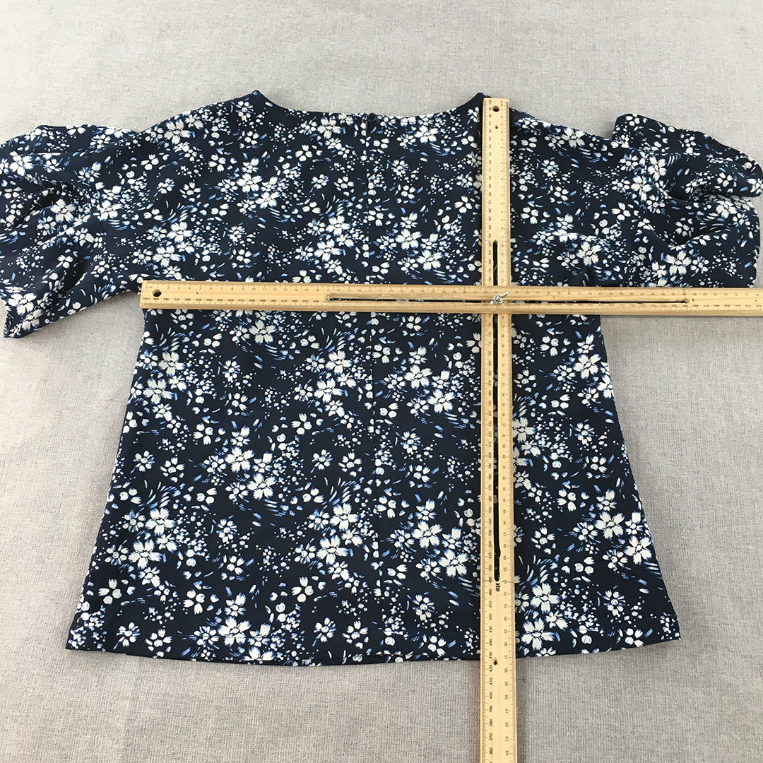 Basque Womens Top Size 6 Blue Floral Short Sleeve Blouse