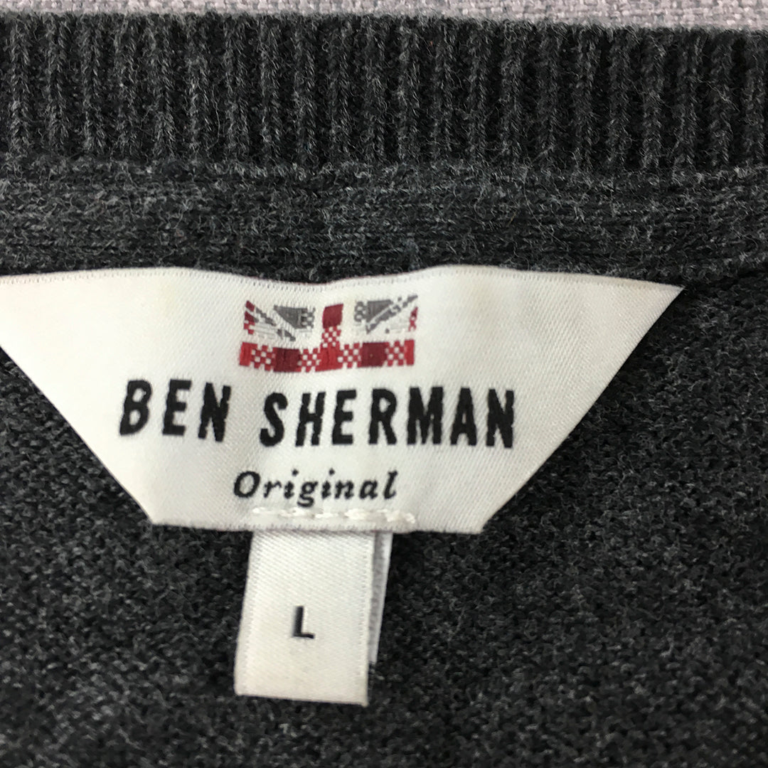 Ben Sherman Mens Knit Sweater Size L Grey V-Neck Pullover Jumper