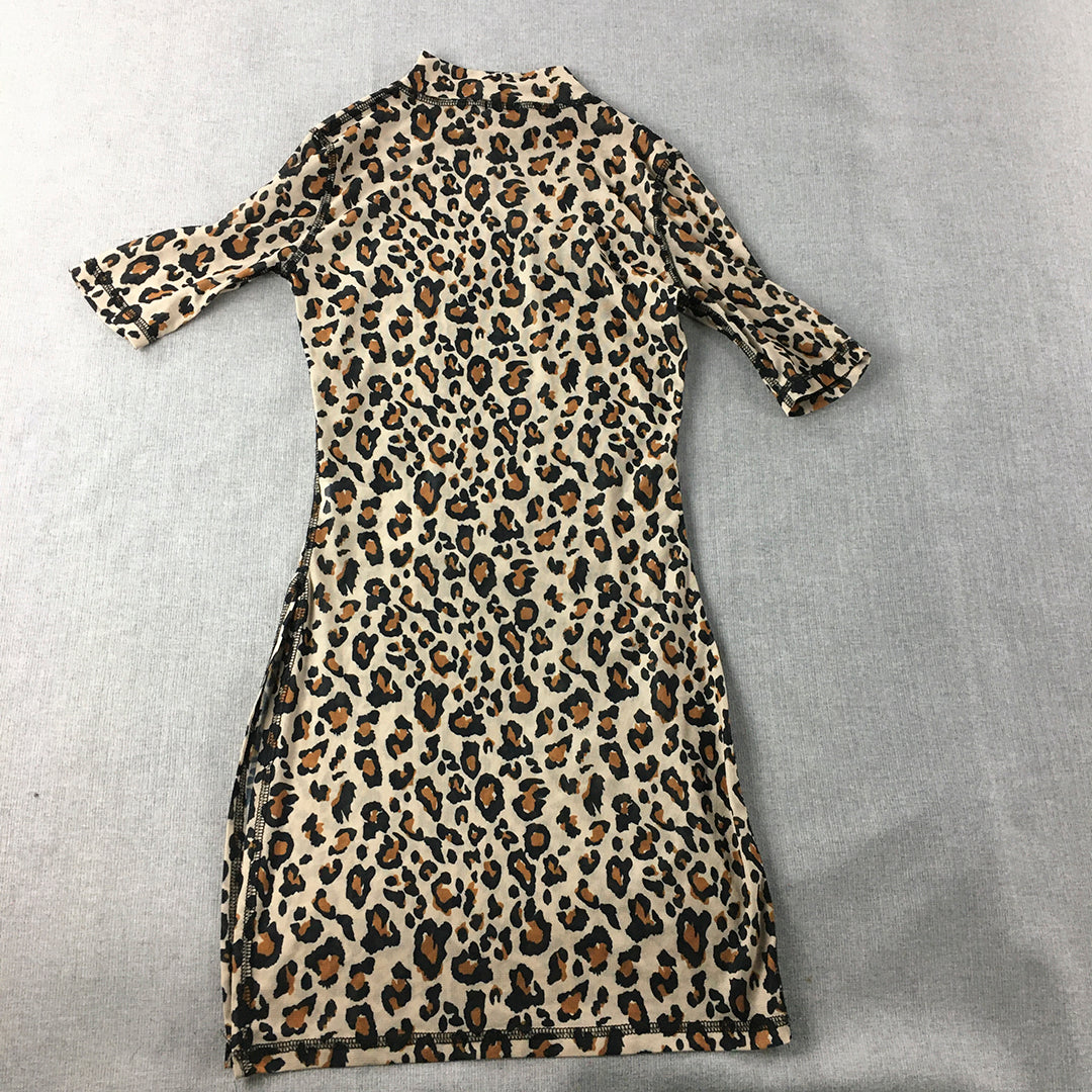 Beginning Boutique Womens Bodycon Dress Size 8 Brown Leopard Print Mesh Mini