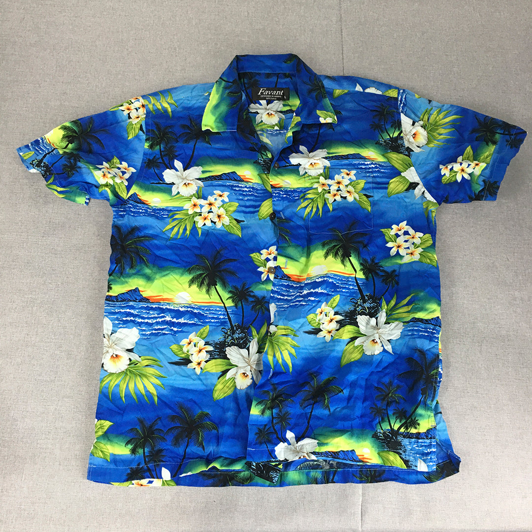 Favant Mens Hawaiian Shirt Size L Blue Aloha Floral Beach Button-Up Short Sleeve