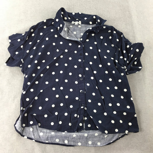 Grae Linen Womens Top Size 14 Blue Polka Dot Short Sleeve Button-Up