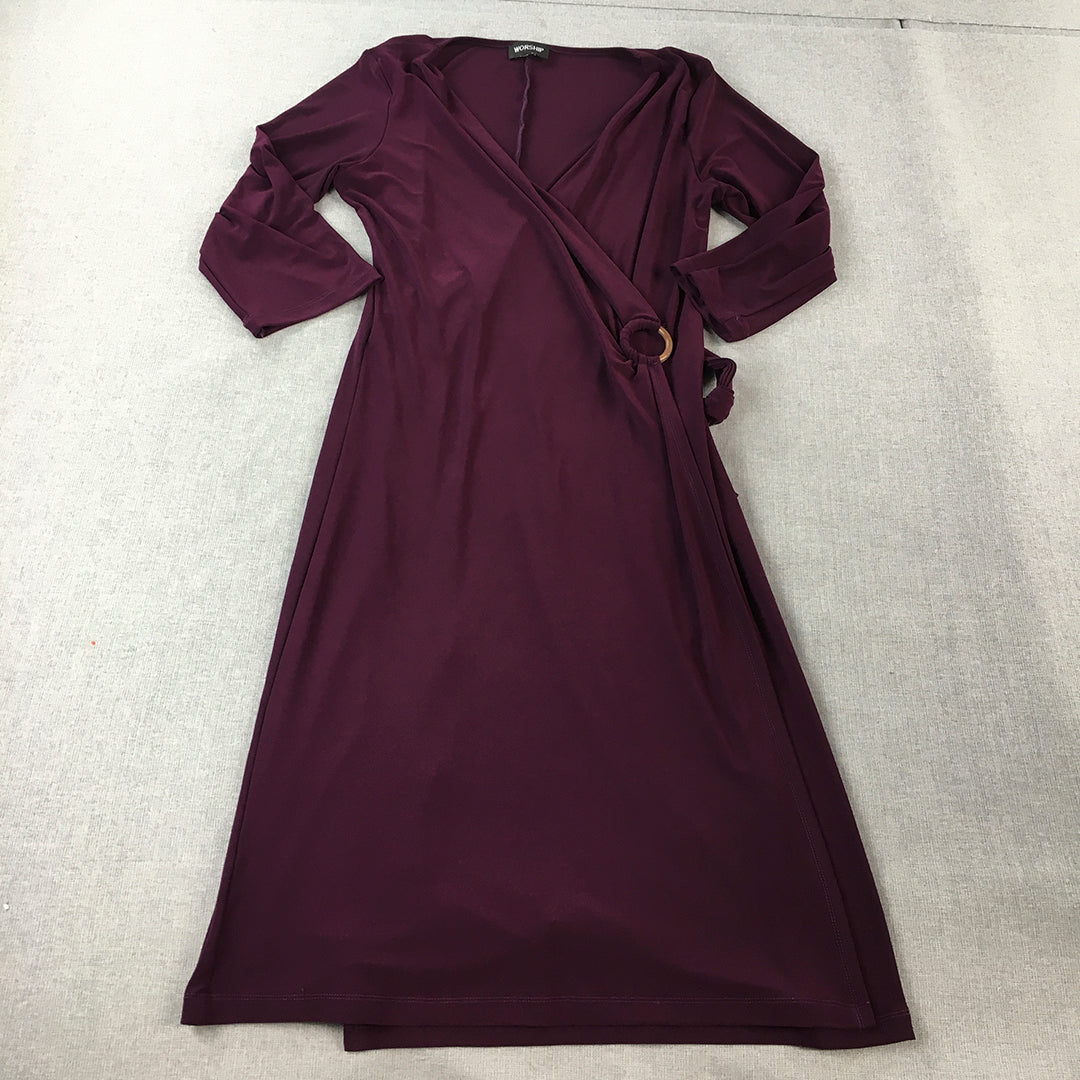 Worship Womens Dress Size 10 Purple V-Neck Midi Long Sleeve Stretch Fabric