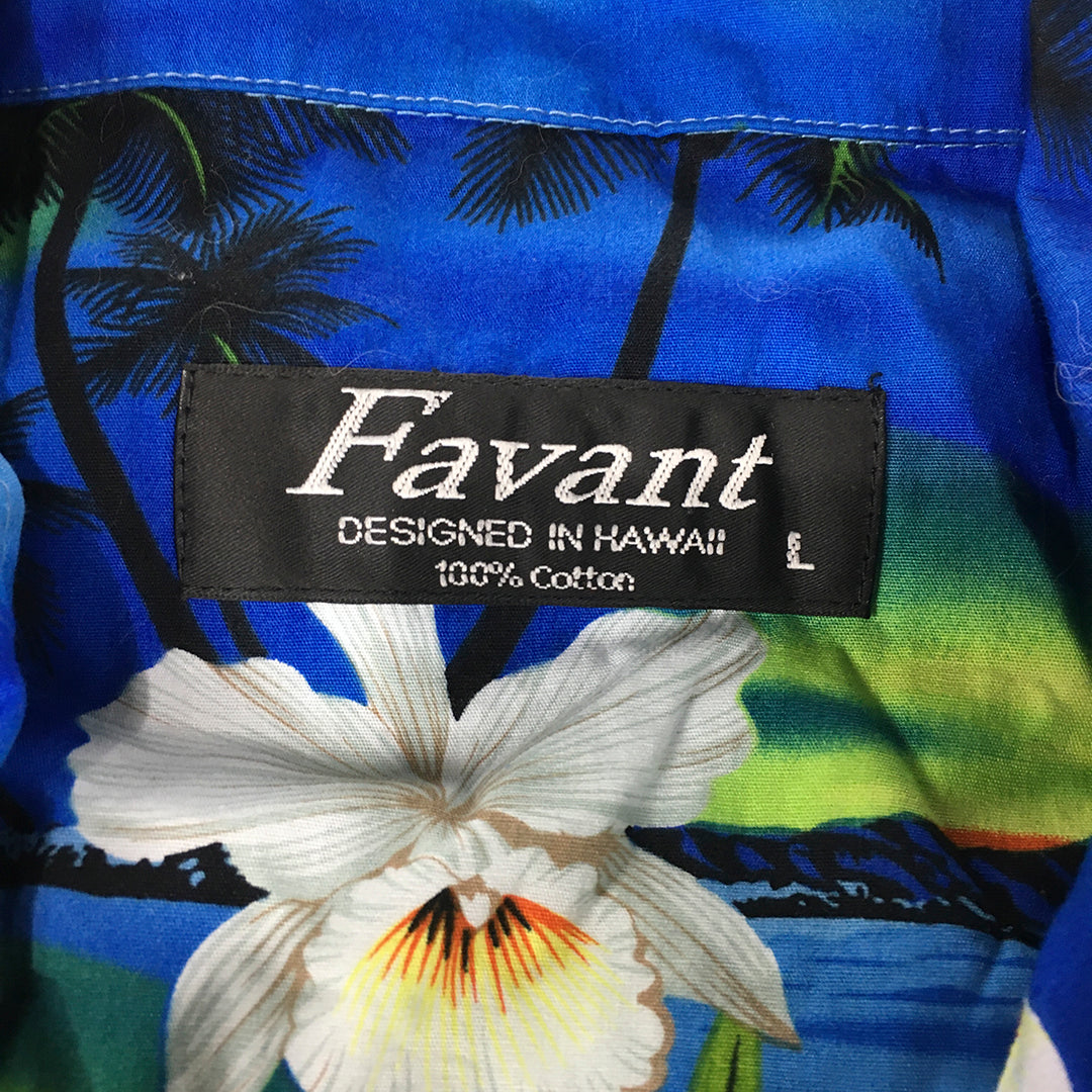 Favant Mens Hawaiian Shirt Size L Blue Aloha Floral Beach Button-Up Short Sleeve