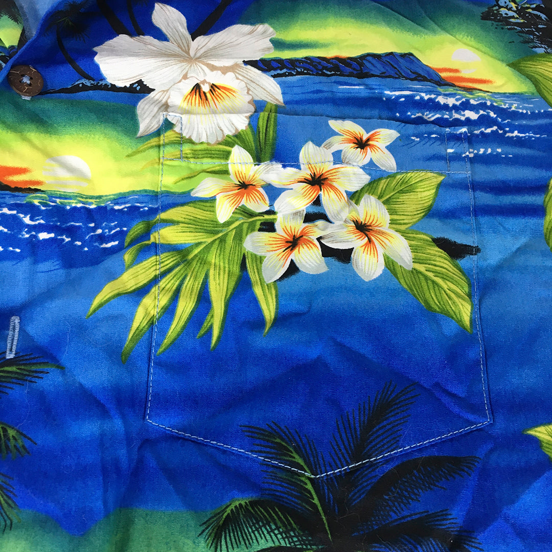 Favant Mens Hawaiian Shirt Size L Blue Aloha Floral Beach Button-Up Short Sleeve