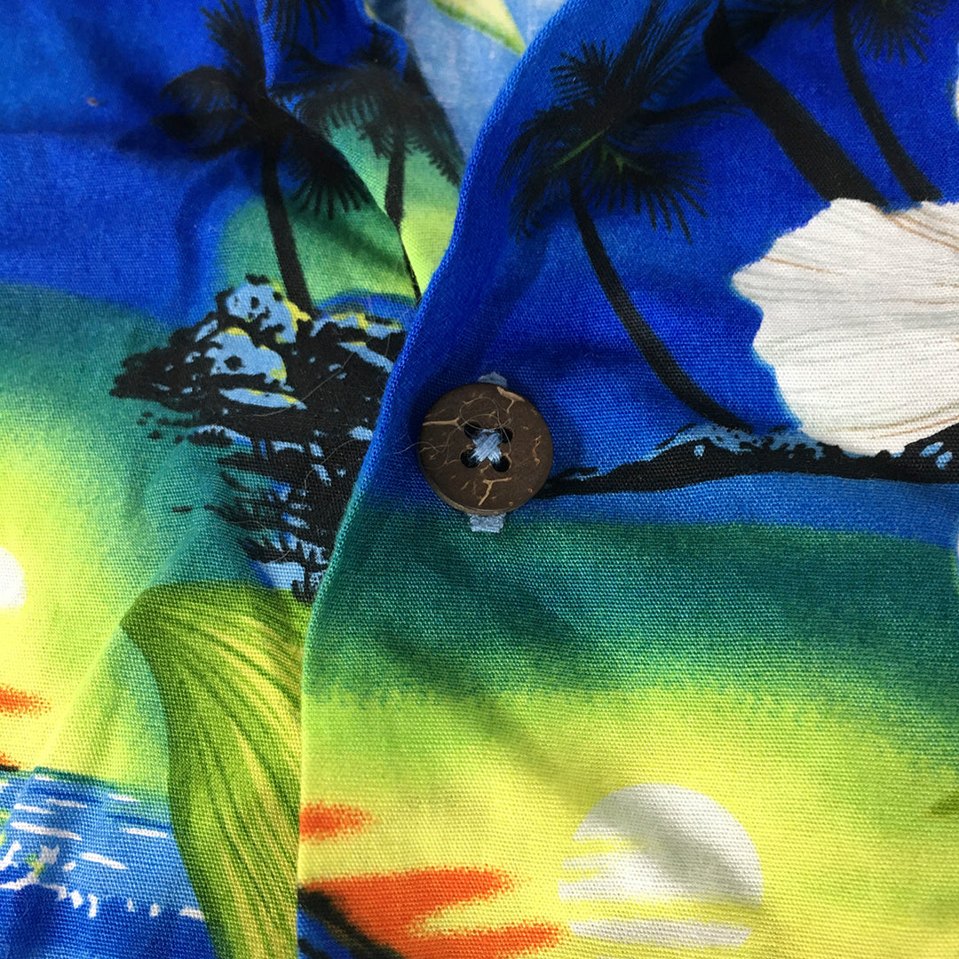 Favant Mens Hawaiian Shirt Size L Blue Aloha Floral Beach Button-Up Short Sleeve