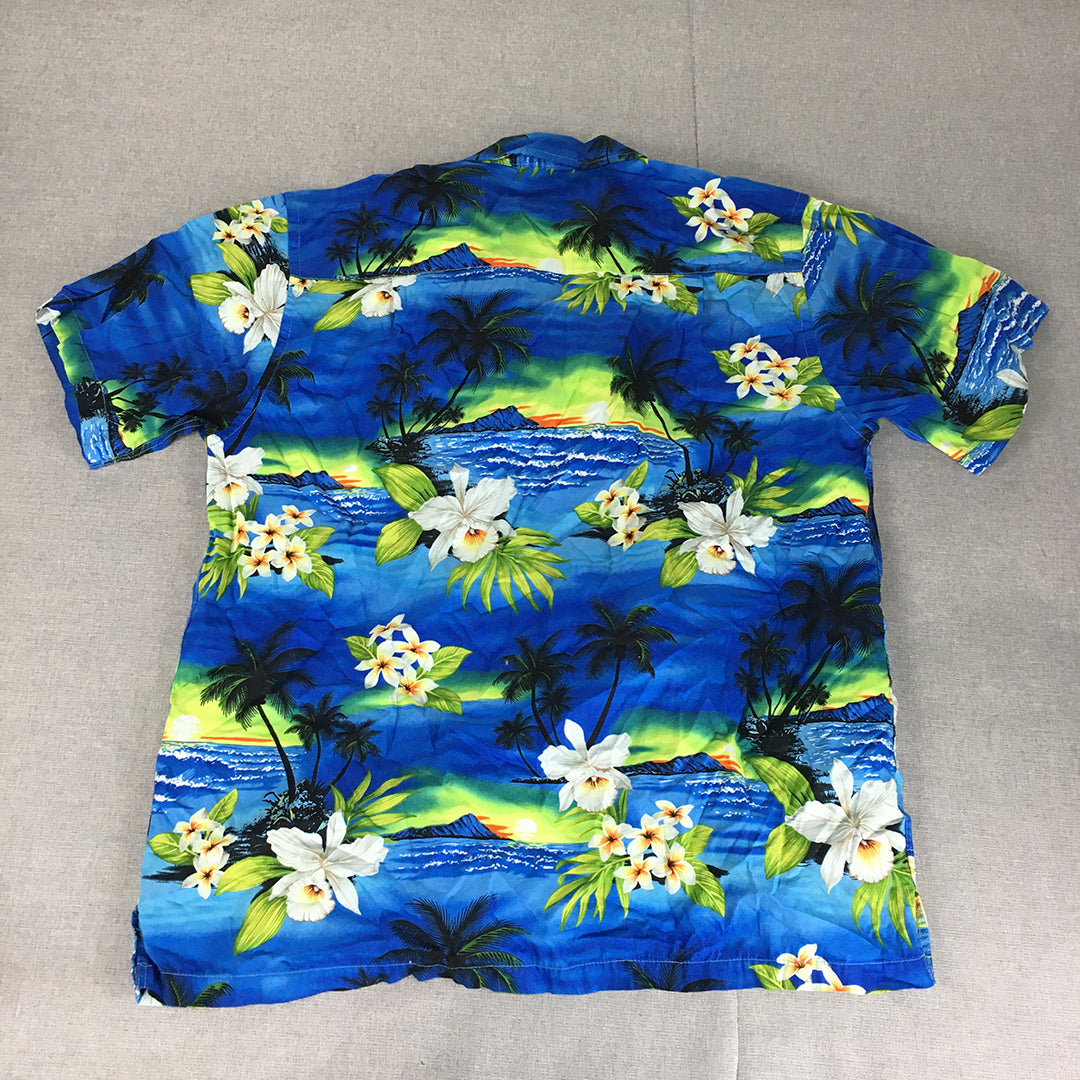 Favant Mens Hawaiian Shirt Size L Blue Aloha Floral Beach Button-Up Short Sleeve