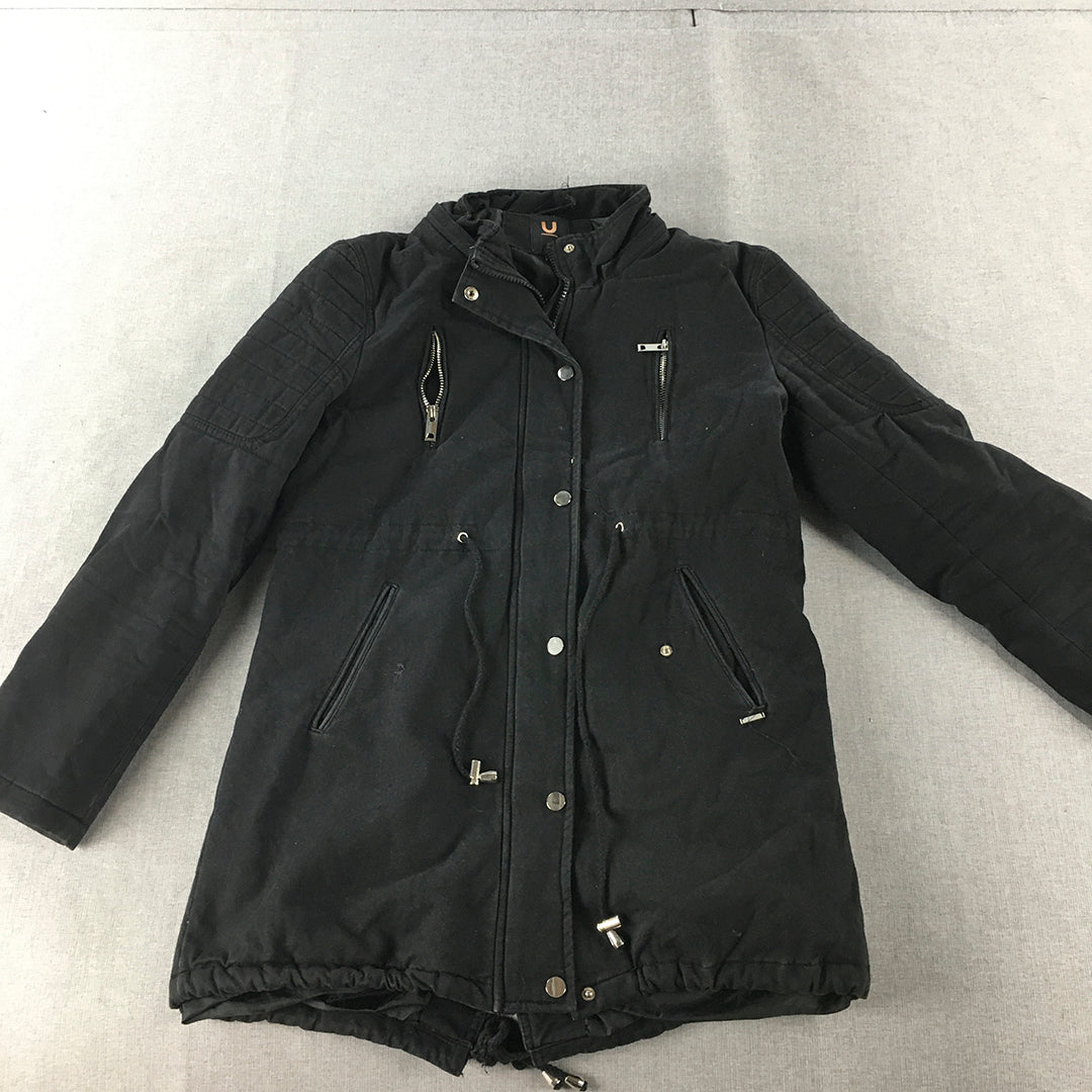 Used Womens Parka Size 12 Black Zip-Up Pockets Jacket Coat