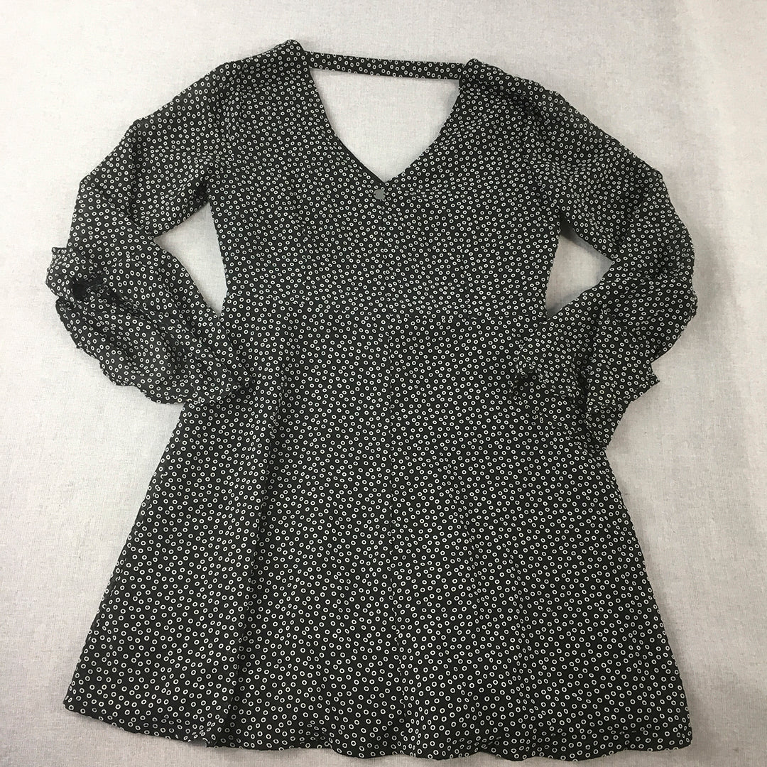 All About Eve Womens Mini Dress Size 10 Black Dot Fit & Flare Long Sleeve