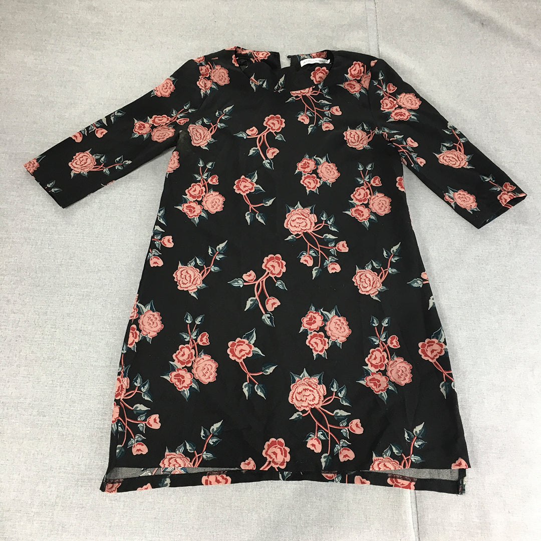 Atmos & Here Womens Mini Dress Size 8 Black Floral 3/4 Length Sleeves A-Line