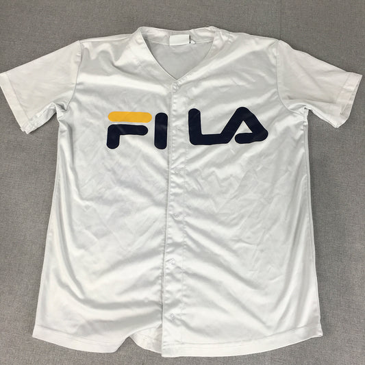 FILA Womens Jersey Shirt Size 8 White Snap Button Big Logo Short Sleeve