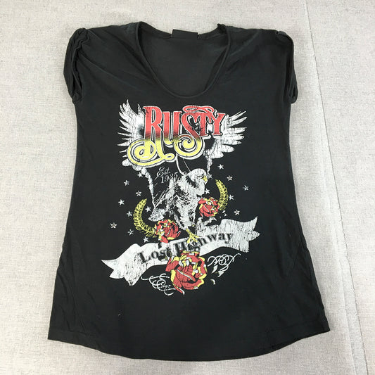 Rusty Womens T-Shirt Size 8 Black Scoop Neck Retro Eagle Rock Logo Tee