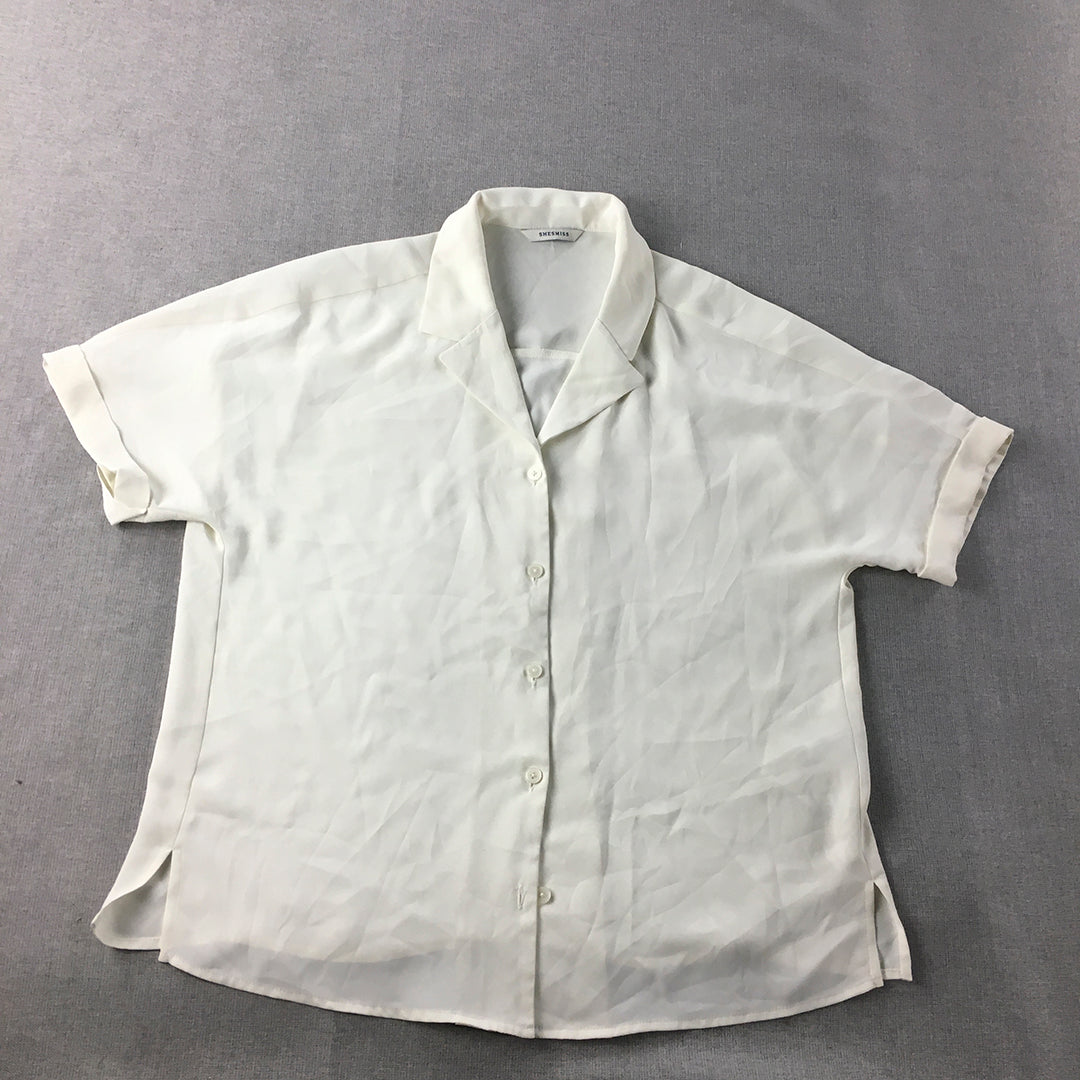 Shesmiss Womens Top Size S White Short Sleeve Button-Up Collared Shirt