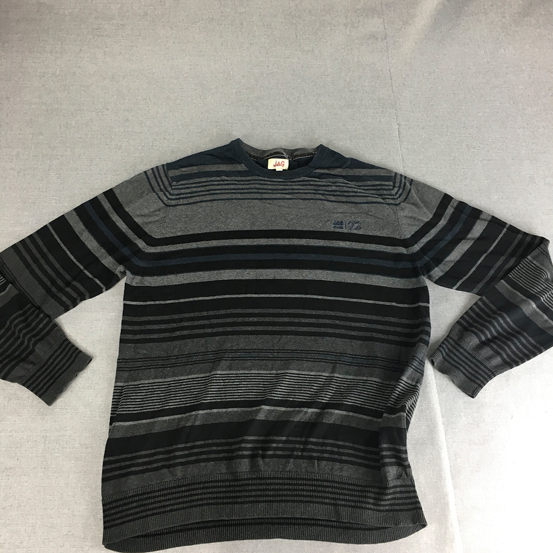 Jag Mens Knit Sweater Size L Grey Black Striped Crew Neck Pullover Jumper