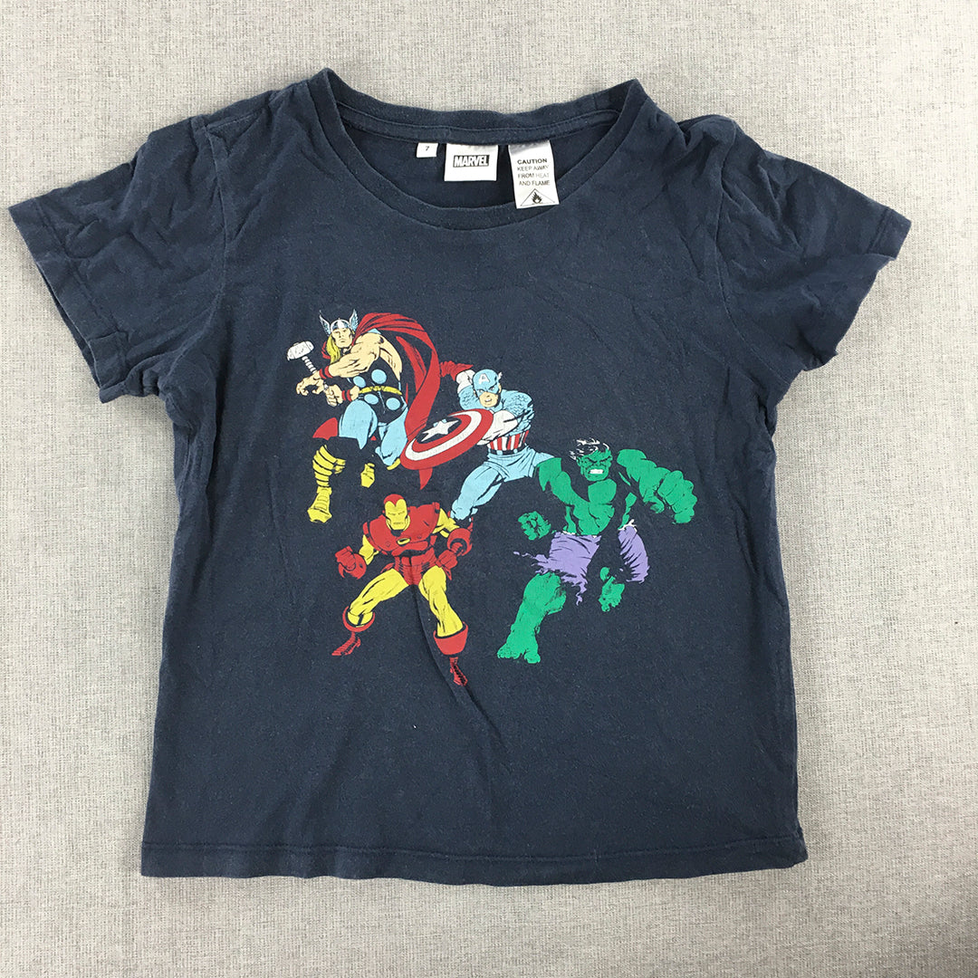 Marvel Avengers Kids Boys T-Shirt Size 7 Navy Blue Iron Man Thor Hulk