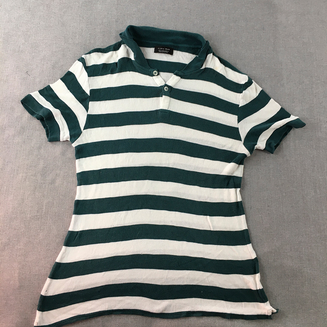 Zara Man Knit Polo Shirt Size L Slim Fit Stretch Green White Striped Rugby