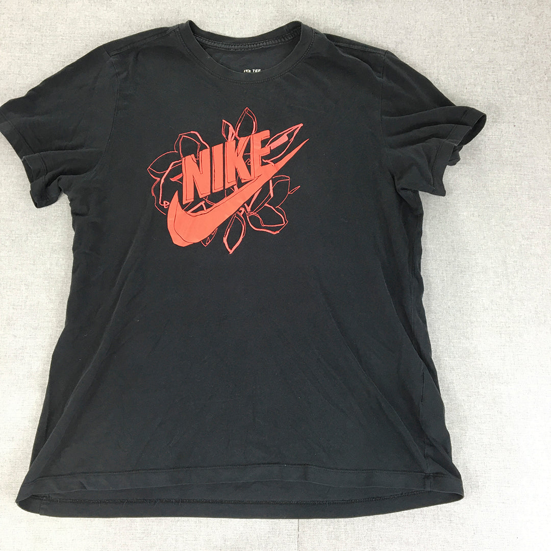 Nike Womens T-Shirt Size L Black Red Big Logo Short Sleeve Top