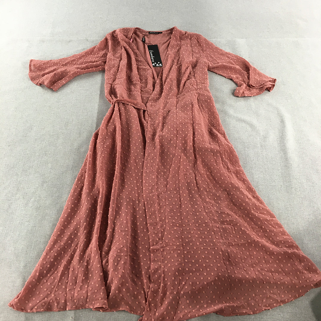 NEW Sambara Womens Wrap Dress Size 8 Pink Long Sleeve Dot Fit Flare