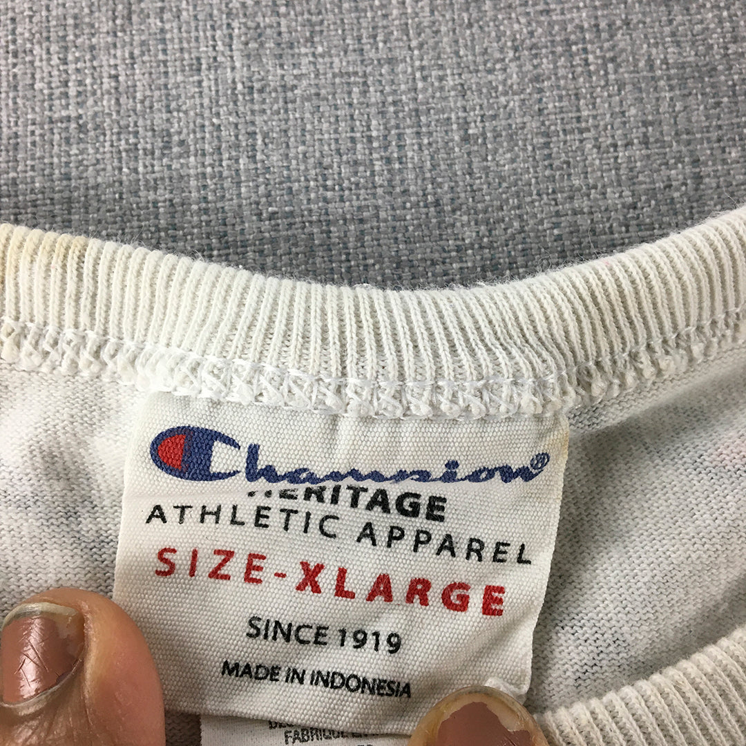 Champion Mens T-Shirt Size 2XL White Logo Pattern Crew Neck Short Sleeve