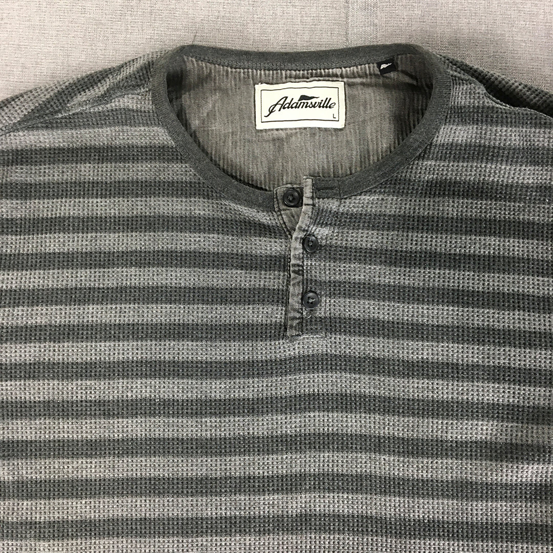 Adamsville Mens Henley Shirt Size L Grey Striped Button Pullover Long Sleeve