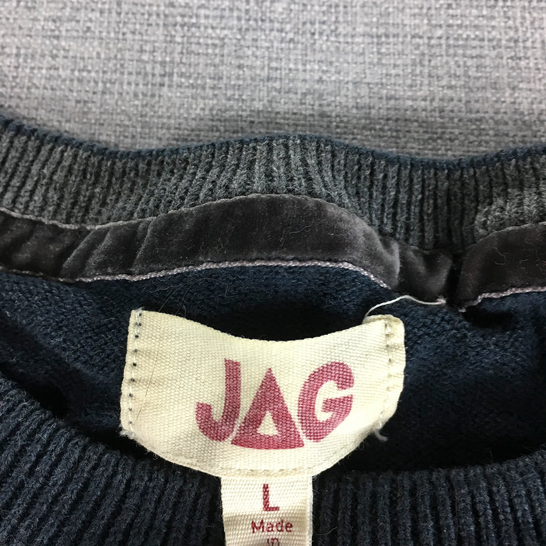 Jag Mens Knit Sweater Size L Grey Black Striped Crew Neck Pullover Jumper